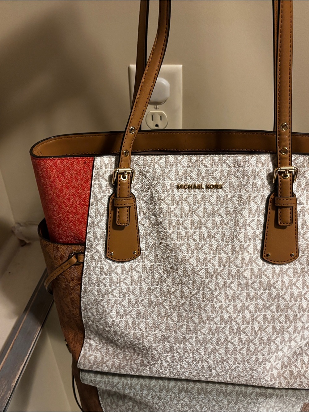 Michael Kors White Signature Tote with Tan Trim and Red Side Panel